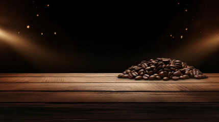 coffee beans on a dark background. coffee beans on a wooden table mockup with copy space.