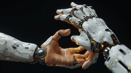 Leinwandbilder - In this picture, a robot and human hand are pictured with a flash light and virtual screen projected on a black background. An artificial intelligence, future technology, and business concept.