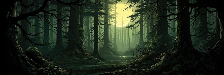 Poster - A dense forest with towering trees reaching for the sky, creating a natural cathedral of greenery and shade. Sunlight filtering through the leaves onto the carpet of forest floor below