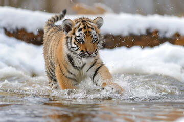 A tiger cub wades through the water in the taiga, or boreal forest 