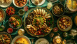 Overhead view of a banquet to celebrate Ramadan with food on the table. Plates full of food on a table with green tablecloth. Religious concept