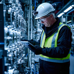 Industrial engineer at work in a factory, showcasing technology and machinery in the production environment