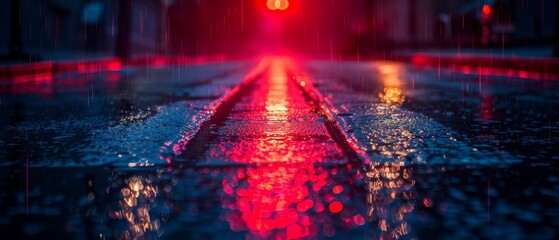 Poster - Neon light reflecting on wet asphalt at night. Rays of light and red laser light. Night scene of a street, city. Abstract dark blue background.