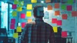Creative brainstorming session with colorful sticky notes on a whiteboard in a modern office