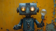 This Robot Mechanic Worker Has A Silver Iron Head, Lamp Bulb Eyes, Metallic Spring Hands, And A Yellow Paper Background. There Is Space For A Copy.