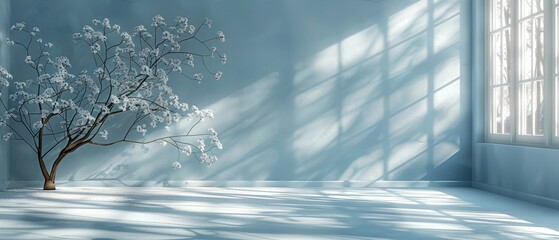 Poster - Minimalistic abstract light blue background with light and intricate shadows from tree branches.