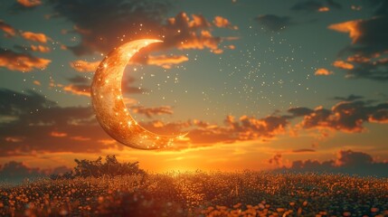 Poster - A crescent moon and a star on dusk sky with beautiful twilight on an evening sky background with a free space for editing Arabic text, Ramadan, Eid al-Adha, Eid al-Fitr, and Mubarak.