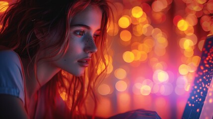 Aufkleber - An innovative technology background with a woman using a modern computer surfing the internet in a futuristic metaverse with big data and digital marketing. Digital technology, internet network