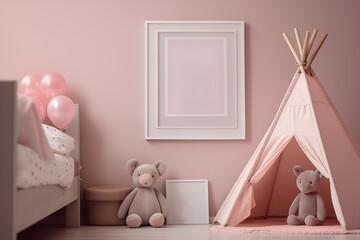 Wall Mural - Nursery interior. Bed, toys, photo frame backdrop. Girls pink bedroom. Children's Playroom.