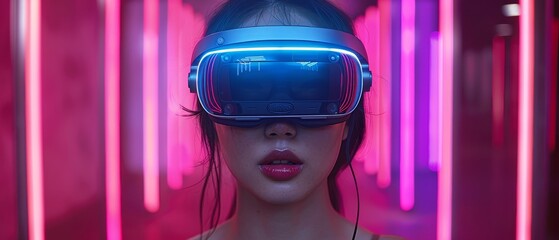 Aufkleber - The view of a young woman using virtual reality glasses on a dark background. Her smartphone is used with a VR headset, and she uses virtual reality glasses in a colorful neon light setting.