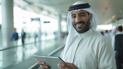 Poster - An Arab young man with a digital tablet in his hands poses at an airport terminal, demonstrating the ease of using a tablet computer as he waits for his flight to board, copy space.