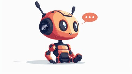 Poster - Flat illustration of a chat bot. Bot holds speech bubbles. Robot says hi on screen and has one single wheel. Customer service chat bot.