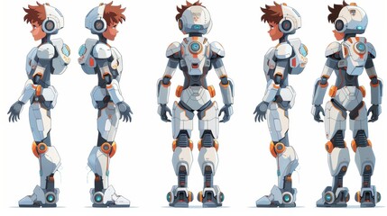 Aufkleber - An animated robot character set with different viewpoints, hairstyles, emotions, poses, and gestures. A character of artificial intelligence and a cyborg. Isolated illustration in cartoon