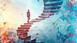 A 3D animation of a businessman climbing a spiral staircase against a backdrop of floating geometric shapes and patterns