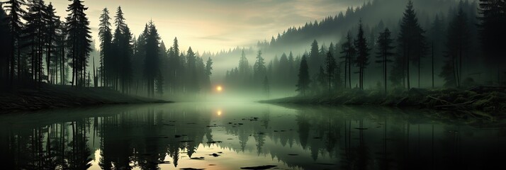 Aufkleber - Serene lake nestled amidst a dense forest, shrouded in a mystical veil of fog, creating an ethereal and captivating atmosphere