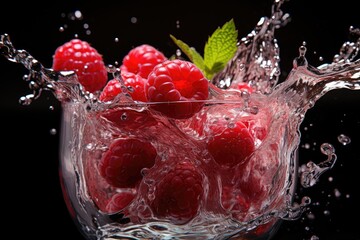 Poster - Raspberries are falling gracefully into a glass of water, creating a beautiful display of splashing and ripples in motion