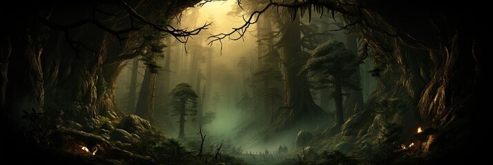 Poster - A mesmerizing painting of a dense forest with sunlight filtering through the lush green leaves, casting a warm glow on the ground below