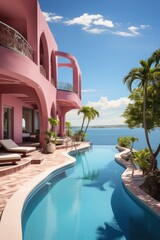 Poster - A serene scene featuring a charming pink house with a refreshing pool in front of it, surrounded by lush greenery, creating a perfect spot for relaxation and leisure