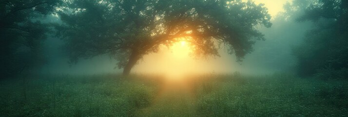 Poster - In this mesmerizing scene, the suns rays penetrate the dense fog in a mystical forest, casting a soft, ethereal glow on the moss-covered trees and creating a magical atmosphere