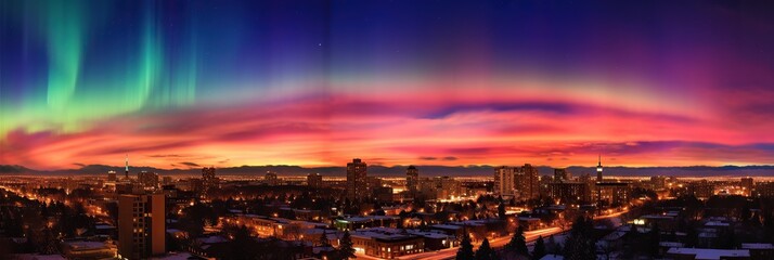 Poster - The vibrant colors of the aurora borealis dance gracefully above the city, casting an ethereal glow over the urban landscape