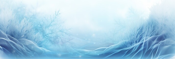 Poster - A painting depicting a frozen river winding through a wintry landscape with trees standing tall in the background, their bare branches dusted with snow
