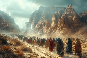 Wall Mural - Moses leads jews through desert, biblical journey to promised land in sinai. religious historical escape narrated in bible, showcasing moses leadership and divine intervention in israelite exodus.