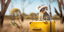 Yellow Travel Suitcase And Koala In The Eucalyptus Forest. Vacations And Visiting Tourist Places.
