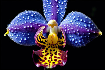 Wall Mural - A vibrant purple and yellow orchid flower glistens under droplets of water, adding a touch of magic to a fresh morning scene