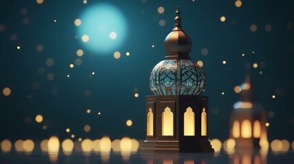 Sticker - Ramadan Kareem background. Ramadan Kareem lantern with burning candle on wooden table.