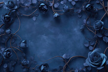 Dark Blue Surface Wall Made Of Concrete And Gran. Intricate Creative Floral Frame With Blue Roses. Vignette Fantasy Rose Frame. Twigs, Branches, Leaves, Ivy, Vines Intertwined With Lush Flowers.