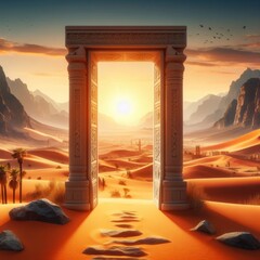 Wall Mural - Conceptual image of open door in desert with sand dunes