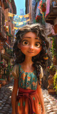 Animated Girl in a Sunlit Cobblestone Alley

