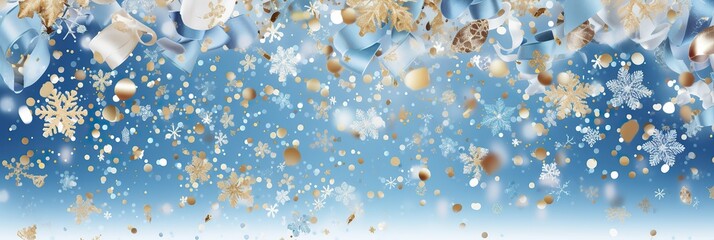 Poster - A festive scene with a backdrop of blue and gold colors, adorned with intricate snowflakes falling gently from above