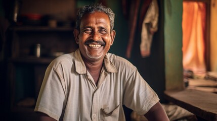 Portrait of a happy smiling Middle-aged Indian Man looking at the camera at home.