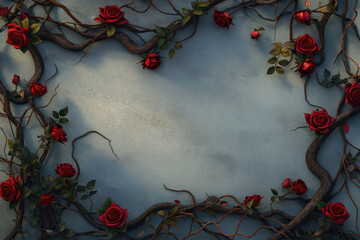 Concrete wall with sun rays shining though. Intricate creative floral frame with red roses. Vignette fantasy rose frame. Twigs, branches, leaves, ivy, vines intertwined with lush flowers.