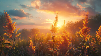 Wall Mural - Goldenrod bathed in the warm glow of a sunset, using cinematic framing to evoke a serene atmosphere.