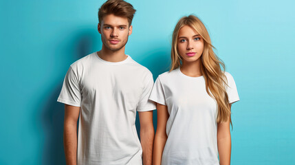 Simple white T shirt mockup, couple in white t shirts standing on blue background