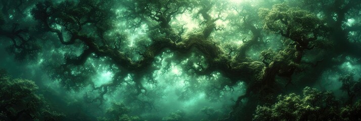 Poster - forest teeming with vibrant green trees. The dense foliage creates a mesmerizing scene of natural beauty and tranquility