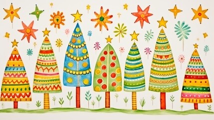 Poster - A vibrant painting depicts a forest of whimsical Christmas trees adorned with twinkling stars, spreading holiday cheer and magic
