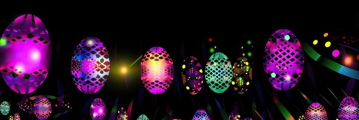 Poster - Bright glowing patterned eggs floating in dark space, abstract festive background with neon light, banner 