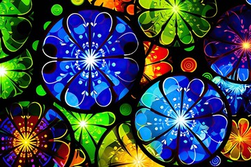 Aufkleber - Vibrant, colorful flowers burst forth from a black background, creating a striking contrast and a sense of joy and energy