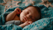 © Ellionn - Cute innocent newborn baby sleep at crib. Sleepy sweet child. Happy carefree childhood. Young adorable infant. Little beautiful toddler under blue blanket. Peaceful night Lovely sleeping kid. Nap time