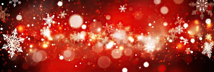 Poster - A festive Christmas background with a striking contrast of red and white colors, adorned with delicate snowflakes falling gently