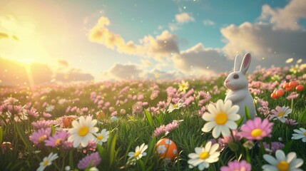 Wall Mural - Easter landscape bunny with colorful eggs and flower meadow