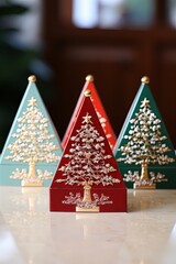 Poster - A variety of small Christmas trees with charming decorations are displayed on a table, adding a touch of holiday cheer to the room