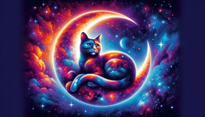 Poster - A serene painting of a cat perched gracefully on top of a crescent moon, gazing out into the starlit night sky