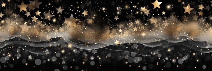Poster - A captivating scene unfolds against a black backdrop adorned with shimmering gold stars and gentle waves, creating a magical and dreamlike atmosphere