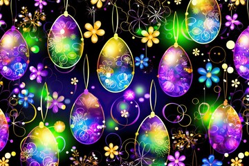 Poster - Colorful Easter eggs in various shades and patterns are scattered on a dark background, creating a beautiful and festive display