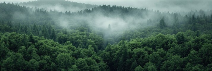 Aufkleber - A mesmerizing scene of a dense forest shrouded in thick fog, with countless trees standing tall amidst the mystical ambiance