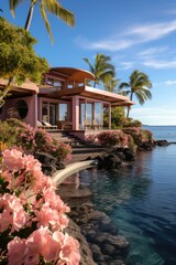 Poster - A charming house sits peacefully on the shore of a tranquil body of water, surrounded by lush greenery and the gentle sound of waves lapping against the shore